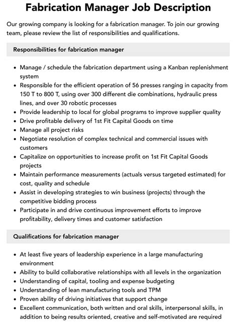 metal fabrication shop manager job description|fabrication manager training.